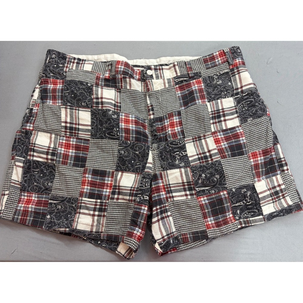 Roundtree & Yorke Mens Patchwork Shorts 44 Plaid Paisley Cotton Red Blue White